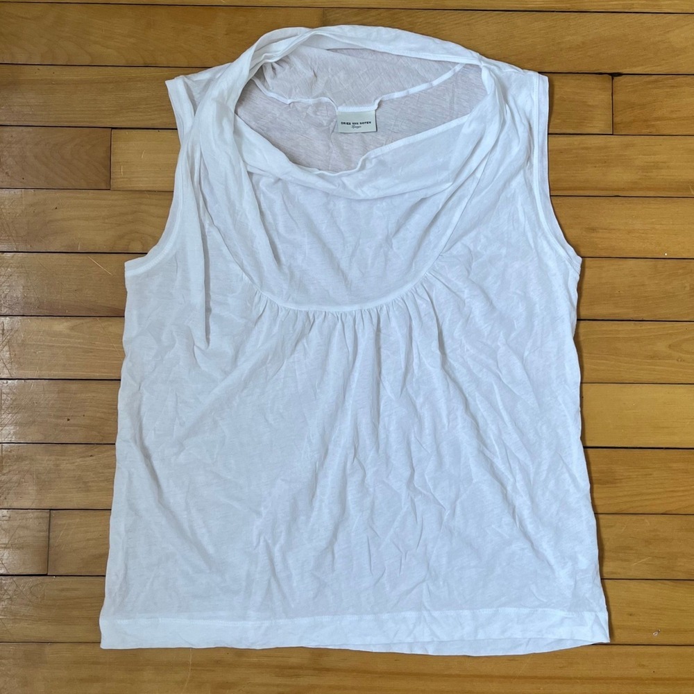 Dries Van Noten White Sleeveless Cowl Neck Pleated Jersey Top Large Belgium